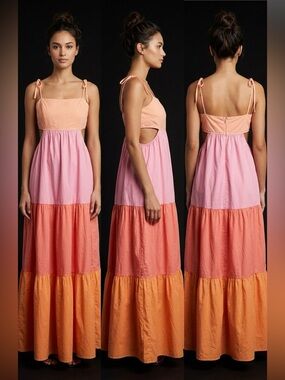 Tie-Shoulder Colorblock Maxi Dress in Pink & Orange